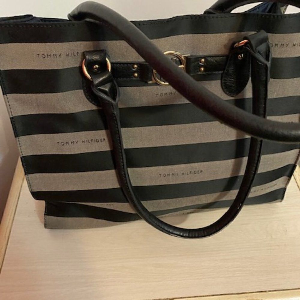 Tommy Hilfiger gray black canvas tote